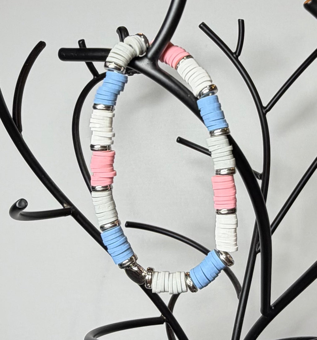 Pastel Heishi Beaded Stretch Bracelet | Blue, Blush Pink & White with Silver Accents