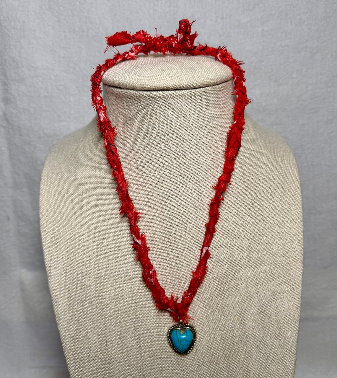 Red Braided Bandana Necklace with Turquoise Heart Charm – Handmade Boho Western Jewelry