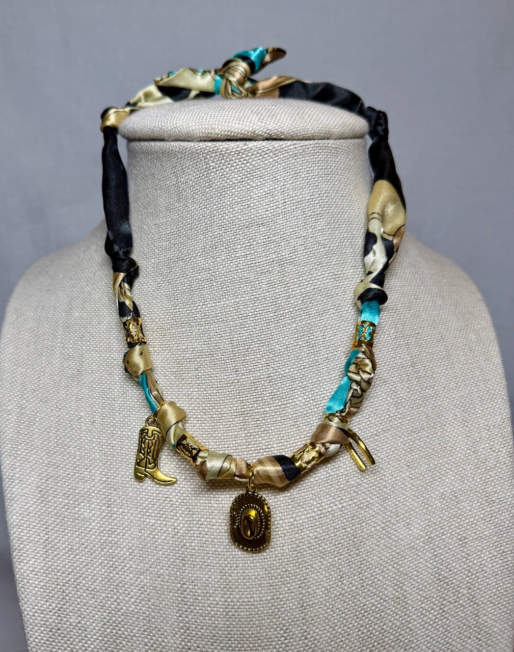 Western Scarf Necklace with Gold Charms – Handmade Cowgirl Scarf Tie Necklace