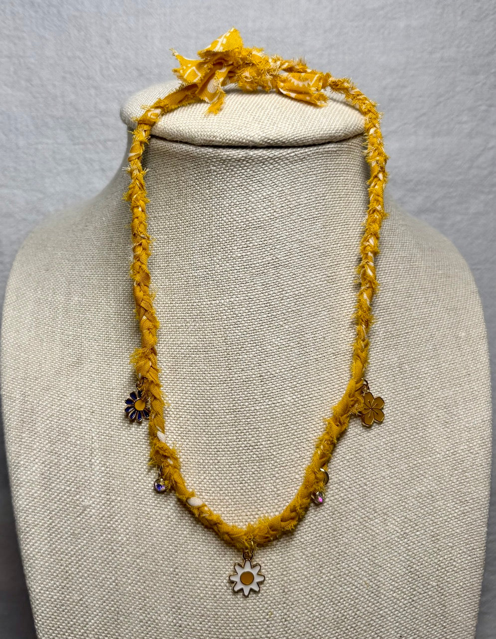 Mustard Yellow Braided Bandana Necklace with Daisy Charms | Handmade Upcycled Fabric Jewelry