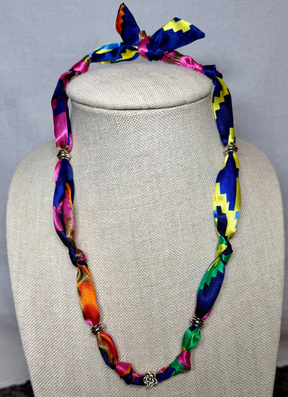 Colorful Scarf Necklace | Handmade Knotted Scarf Necklace with Floral Charm