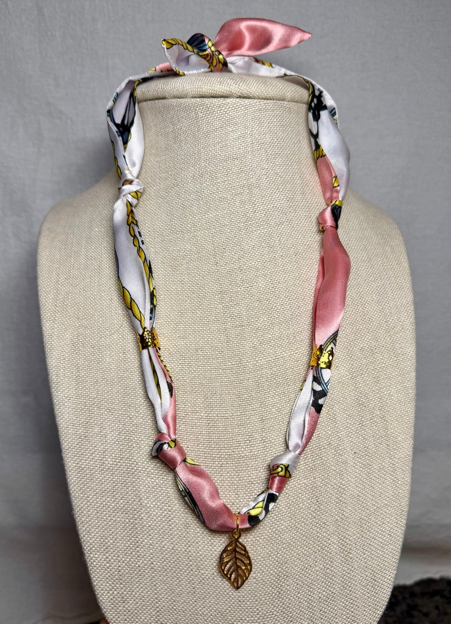 Black & White Scarf Necklace with Gold Leaf Charm | Adjustable Handmade Statement Necklace
