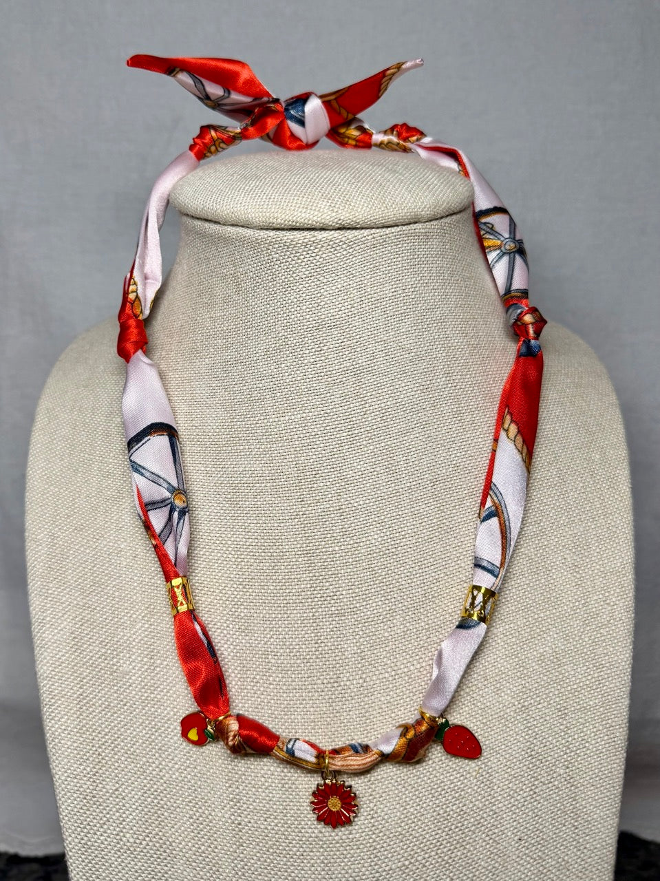 Red & White Scarf Necklace with Strawberry & Daisy Charms – Adjustable Fabric Choker
