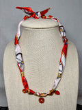 Red & White Scarf Necklace with Strawberry & Daisy Charms – Adjustable Fabric Choker