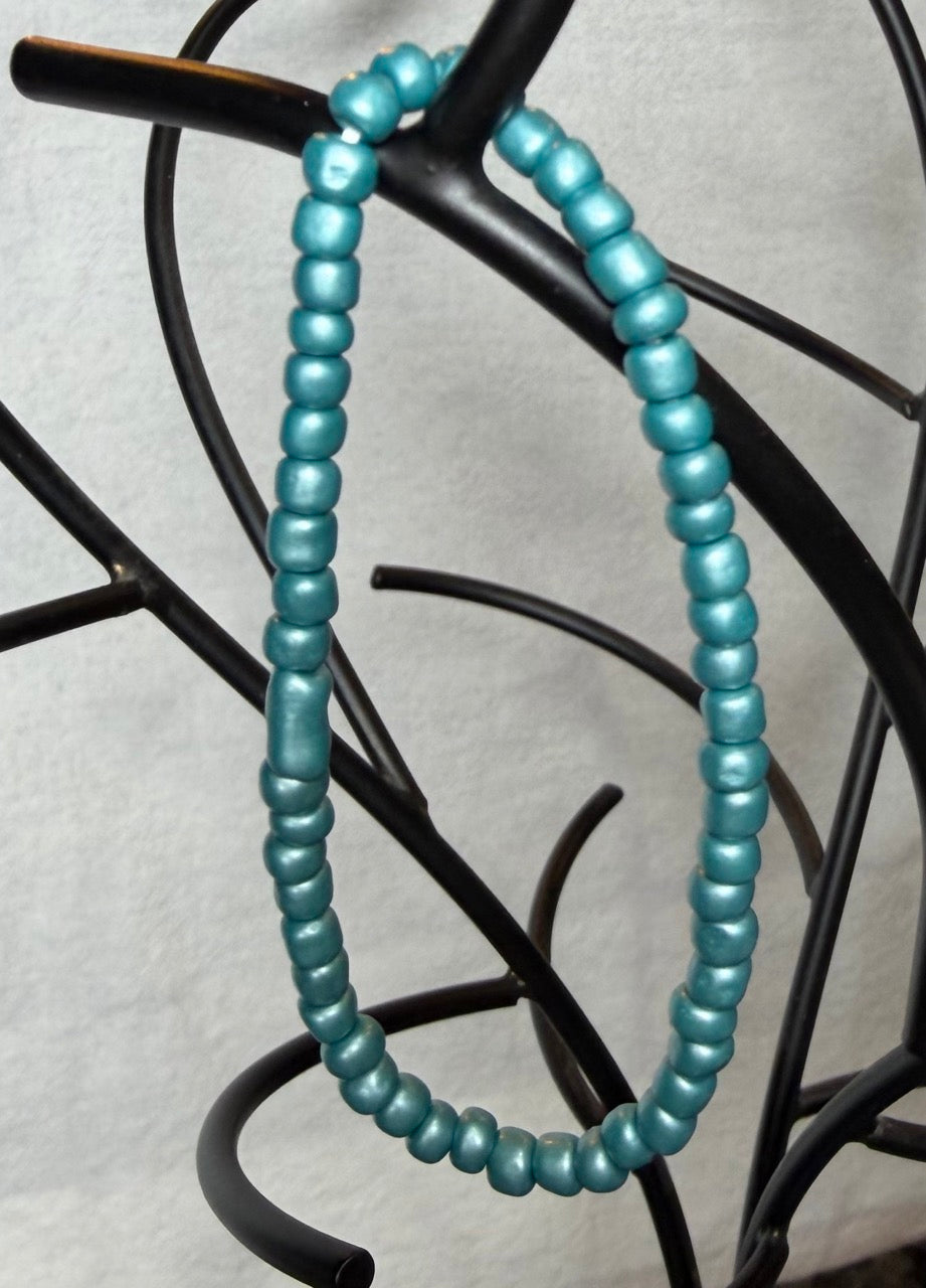 Turquoise Seed Bead Bracelet Set (Set of 3) – Handmade Stretch Bracelets with Silver Heart Accents