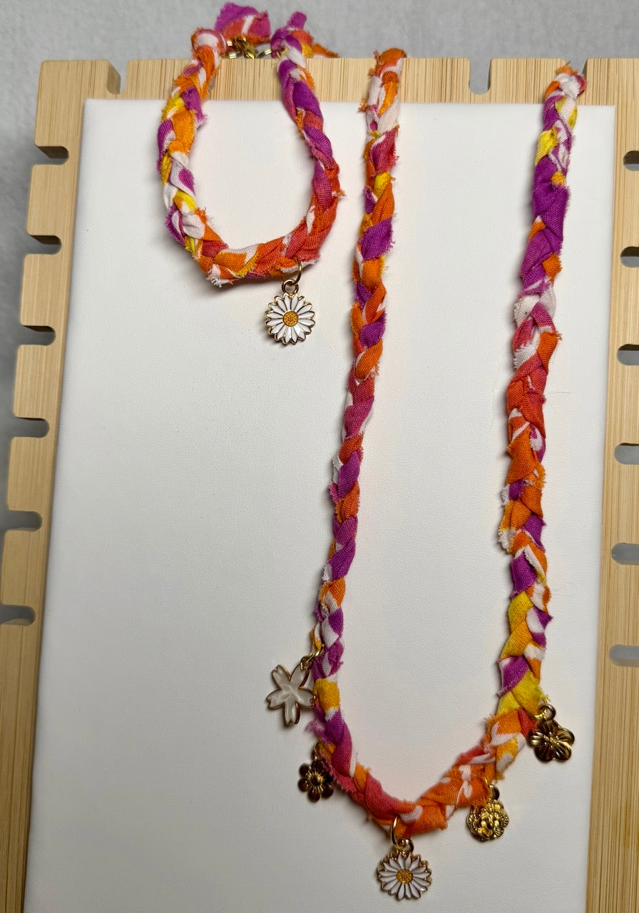 Upcycled Braided Bandana Necklace & Bracelet Set | Floral Charm Fabric Jewelry | One of a Kind