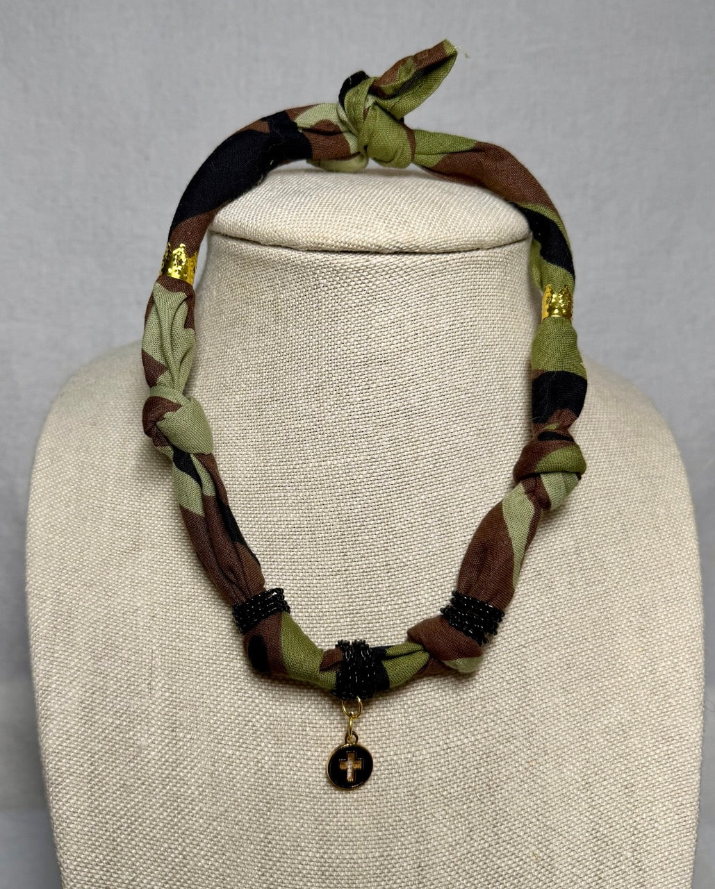 Camo Cross Bandana Necklace – Handmade Fabric Choker with Gold Charm