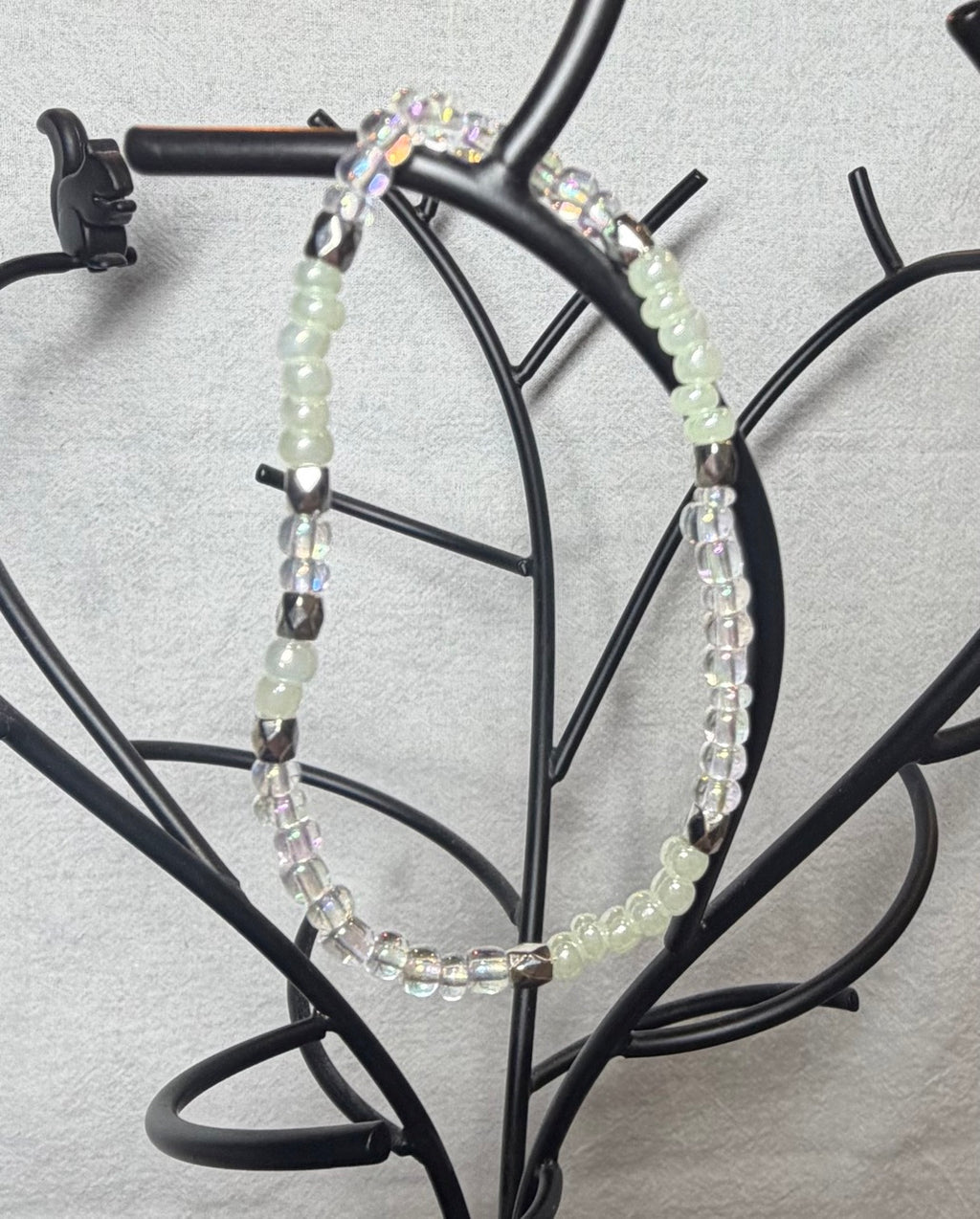 Iridescent Clear & Soft Green Beaded Bracelet | Minimal Crystal Stretch Bracelet