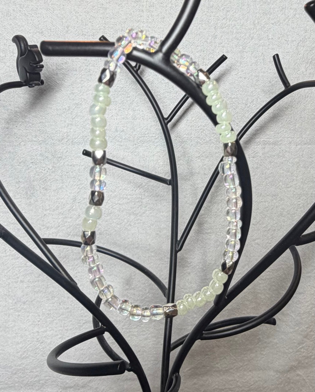 Iridescent Clear & Soft Green Beaded Bracelet | Minimal Crystal Stretch Bracelet