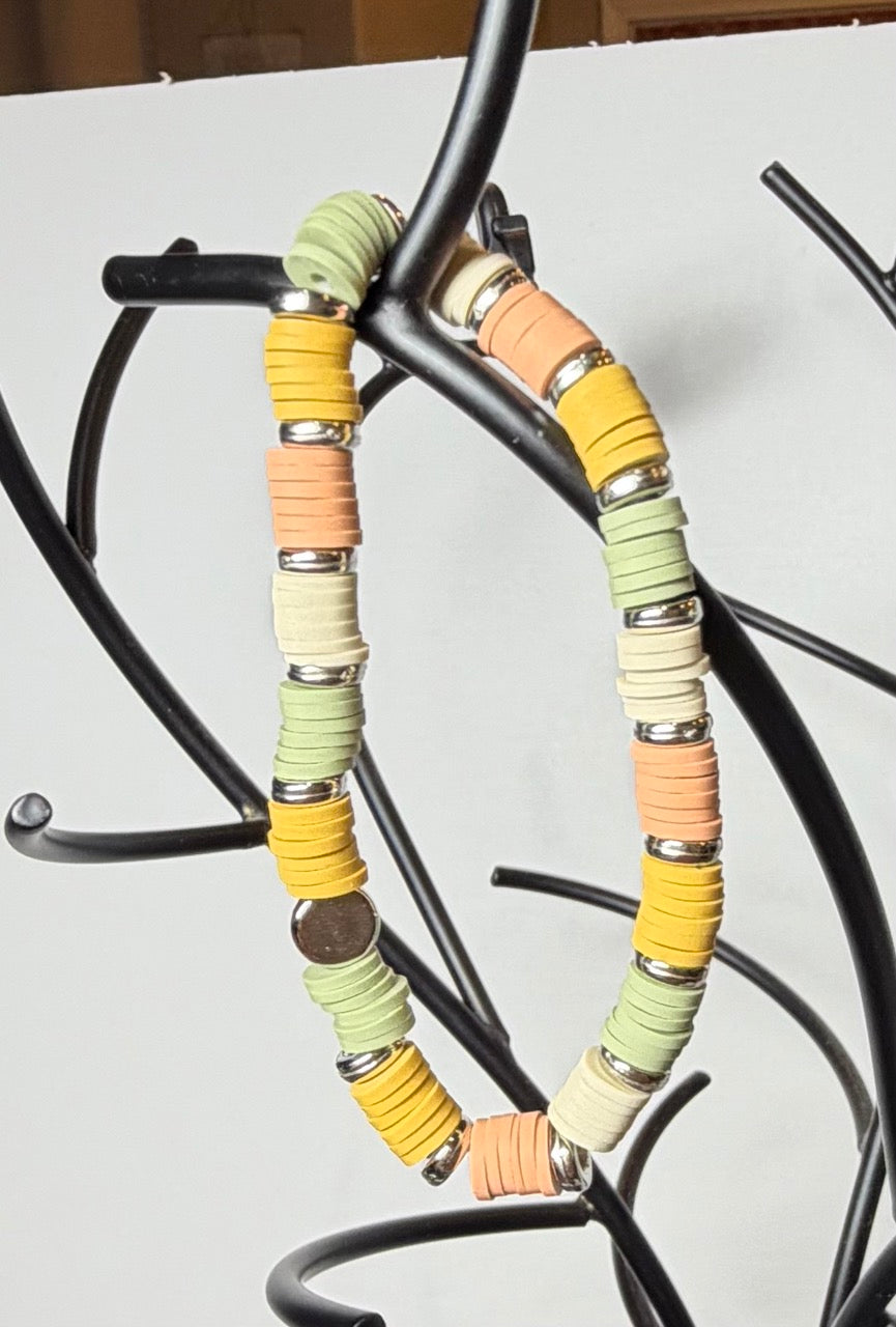 Neutral Heishi Beaded Stretch Bracelet | Sage Green, Mustard & Peach with Silver Accents