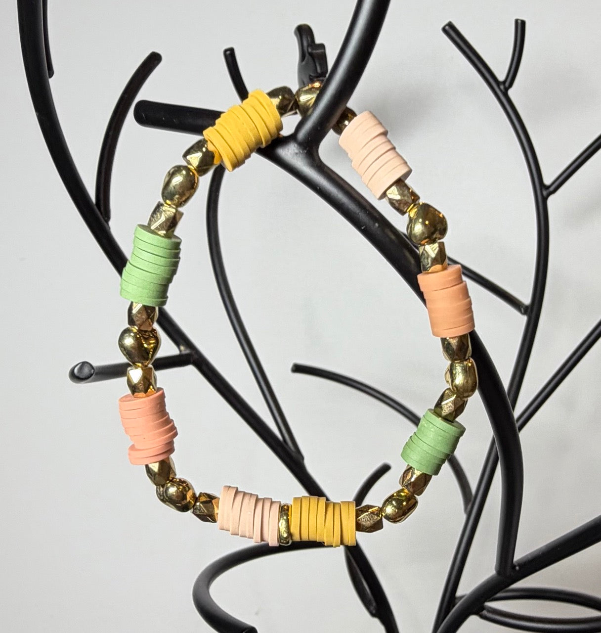 Neutral Heishi Beaded Stretch Bracelet | Peach, Mustard & Sage with Gold Accents