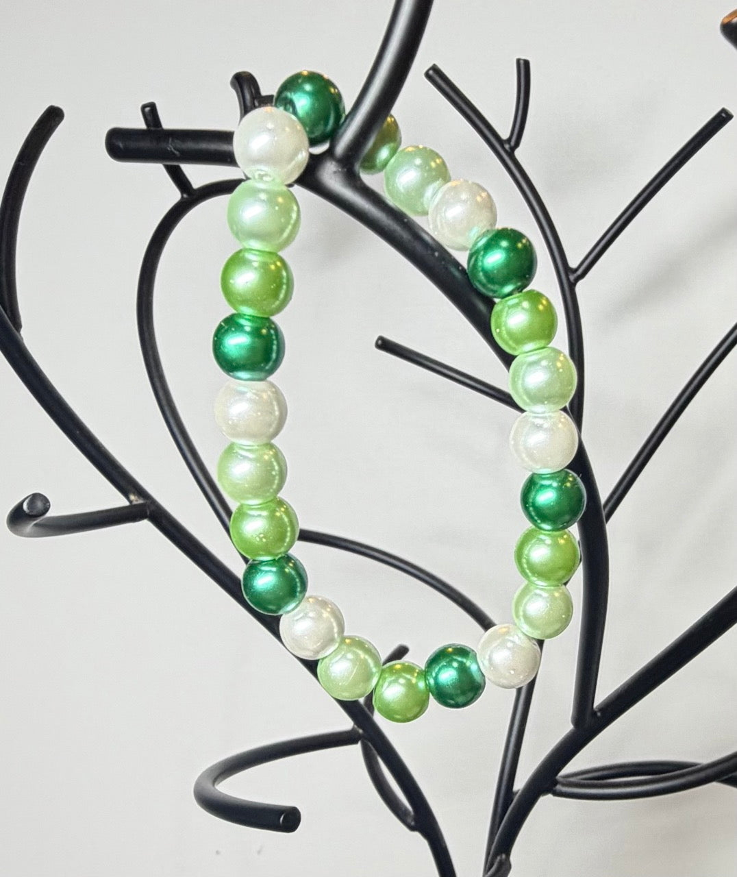 Emerald Meadow Pearl Beaded Stretch Bracelet | Handmade Green & Ivory Jewelry