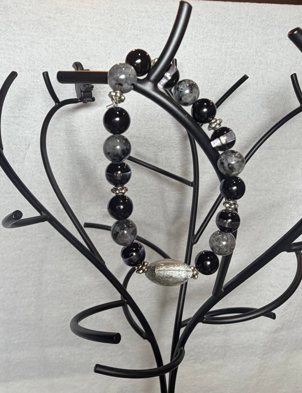 Black & Gray Stone Bracelet with Silver Focal Bead – Minimalist Stretch Bracelet