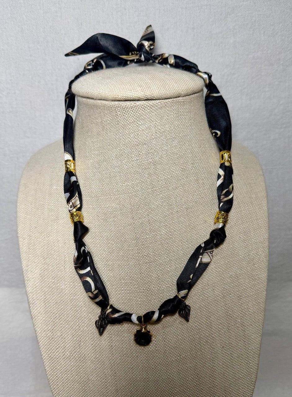 Black Braided Scarf Necklace with Shell Charms | Handmade Boho Statement Jewelry