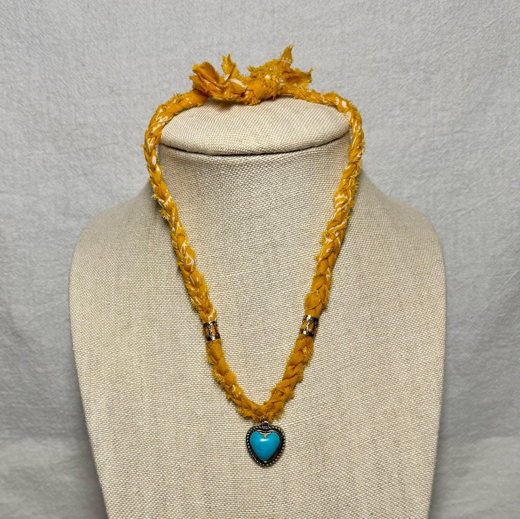 Mustard Braided Bandana Necklace with Turquoise Heart Charm