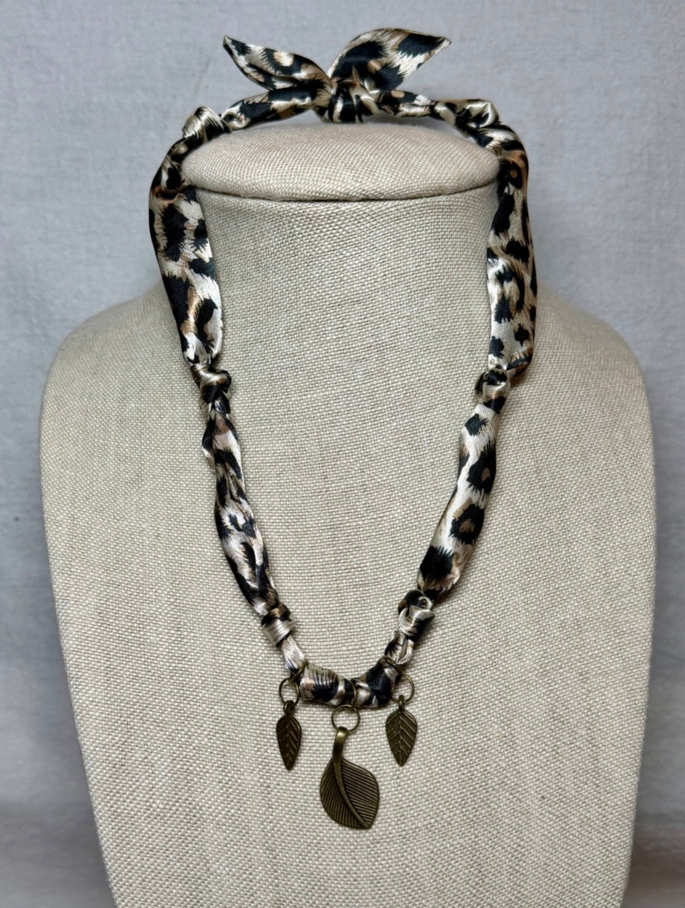 Leopard Print Fabric Necklace with Brass Leaf Charms