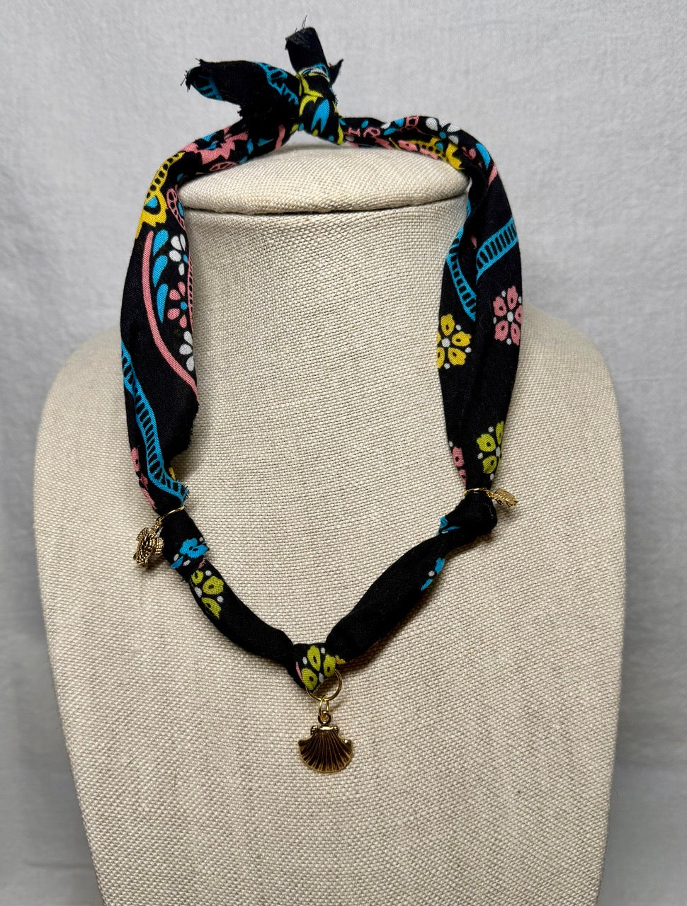 Midnight Garden Scarf Necklace with Gold Shell Charm