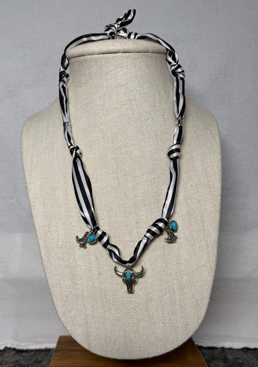Black & White Western Scarf Necklace with Turquoise Bull Skull Charm