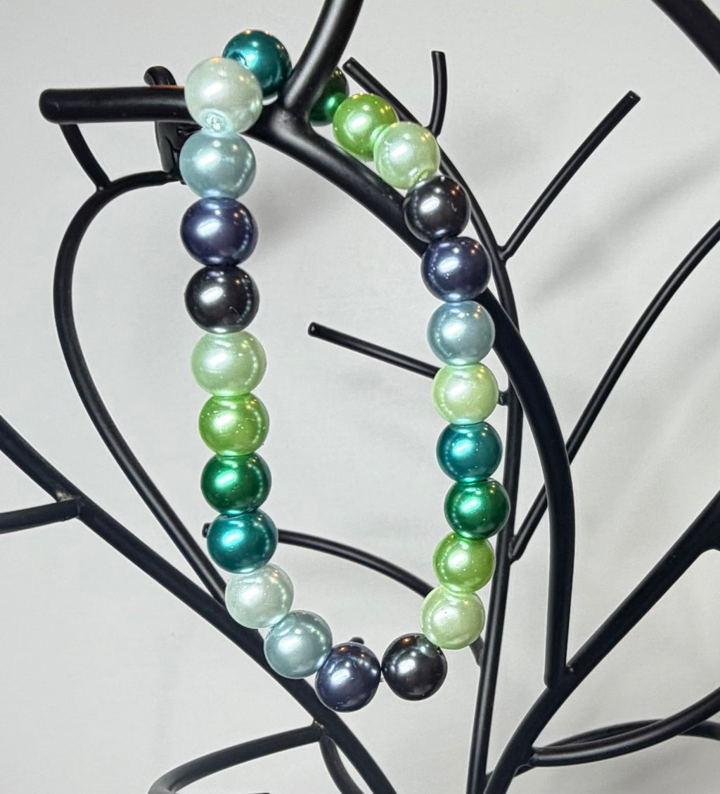 Ocean Meadow Pearl Beaded Stretch Bracelet | Handmade Green & Blue Statement Jewelry
