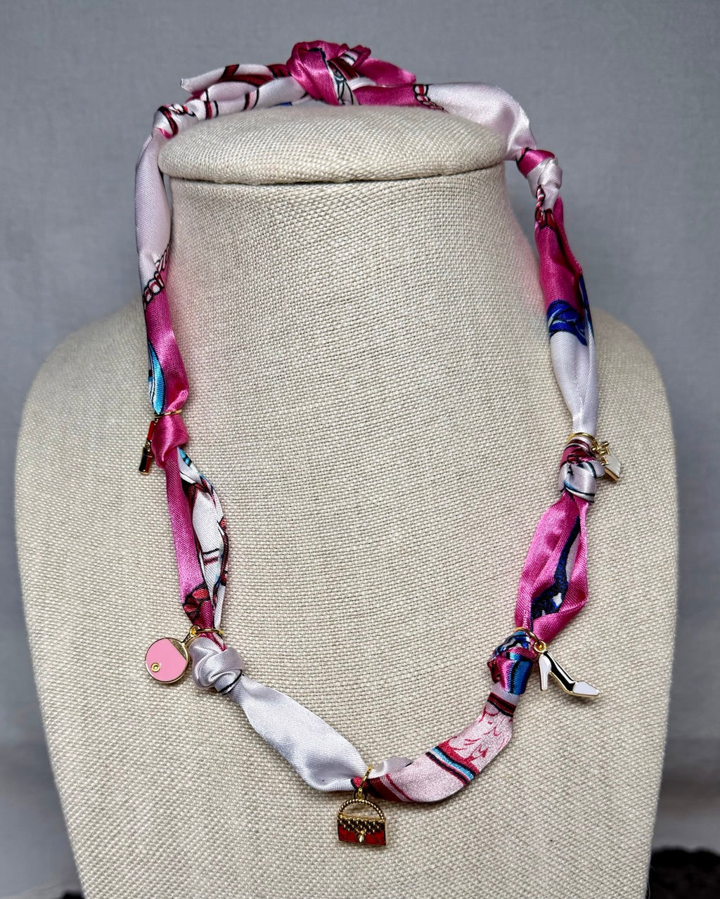 Pink Scarf Necklace with Gold Purse Charm | Adjustable Tie Necklace