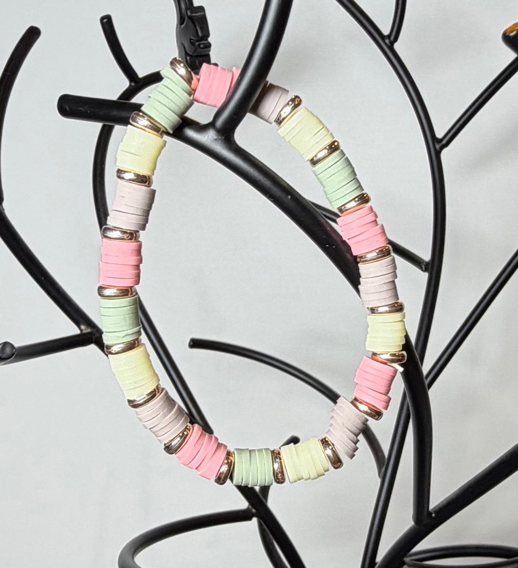 Pastel Heishi Beaded Stretch Bracelet | Blush, Sage & Soft Yellow with Gold Accents