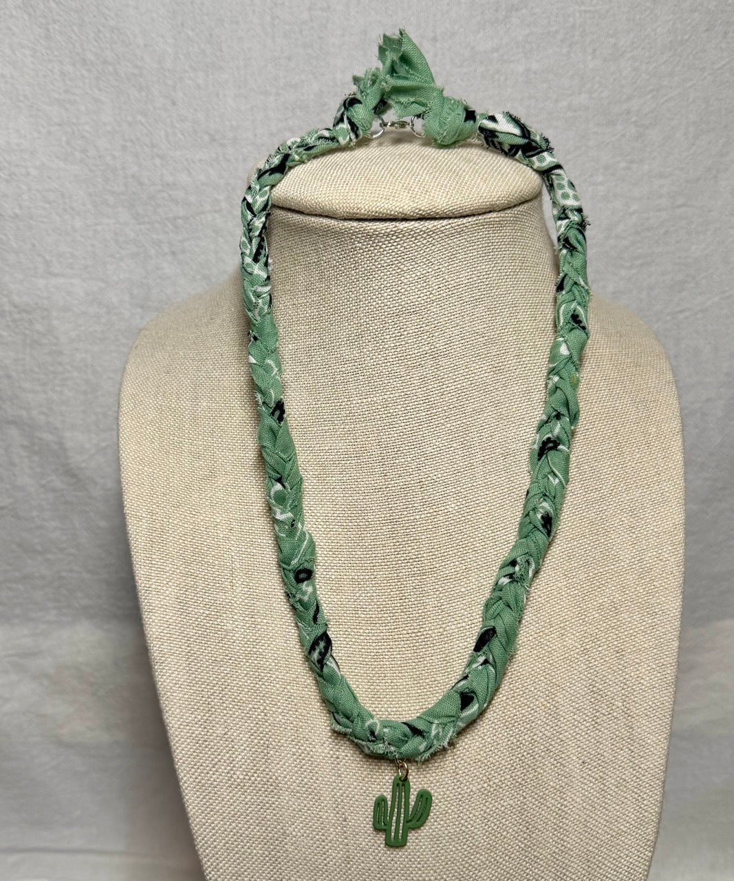 Braided Green Bandana Necklace with Cactus Charm