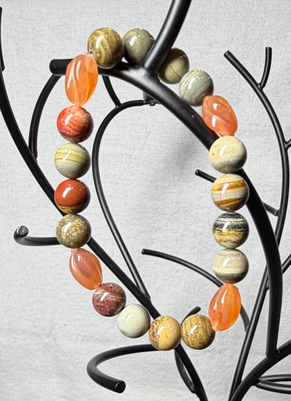 Earth Tone Jasper & Carnelian Stretch Bracelet | Natural Stone Beaded Bracelet