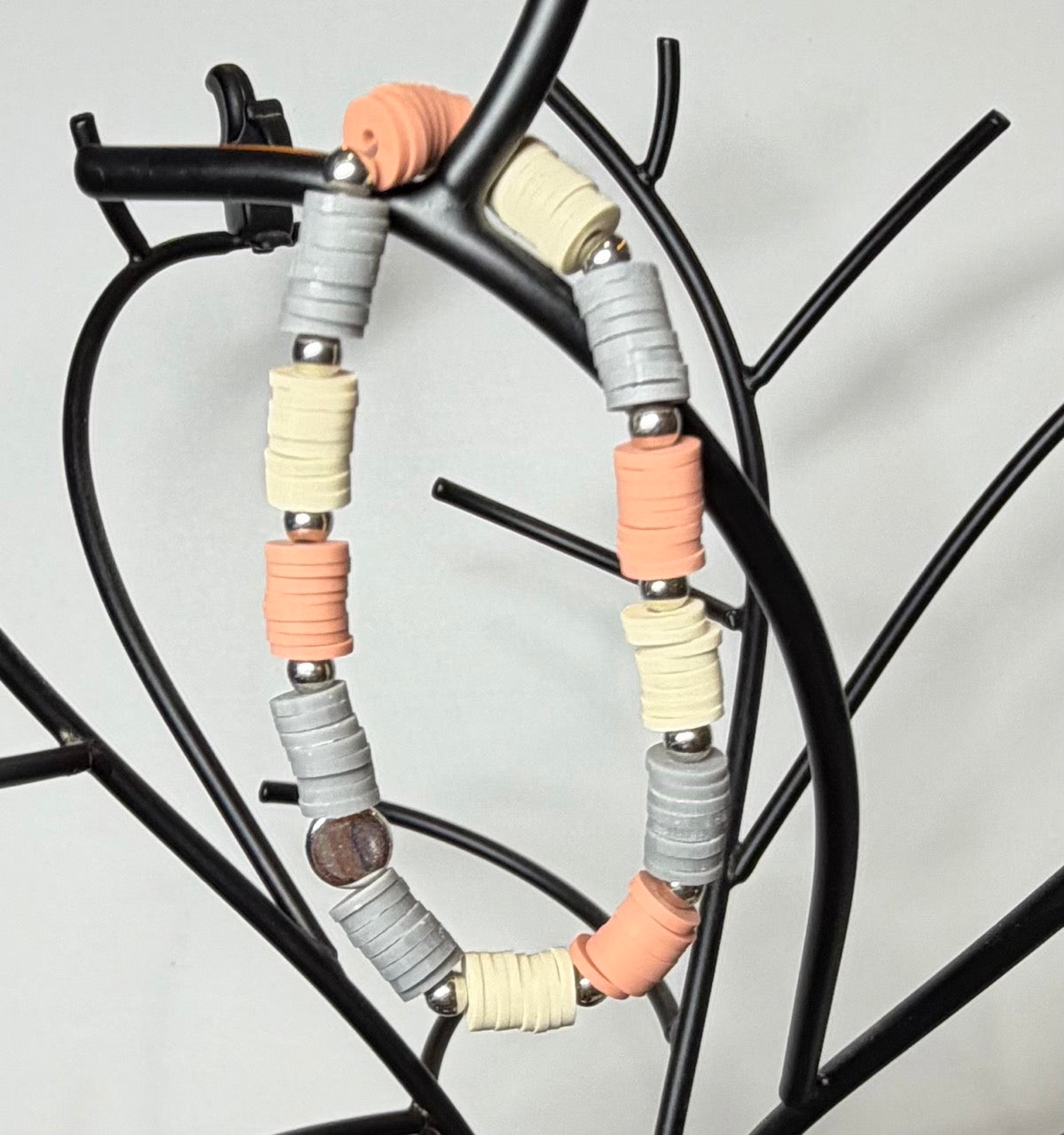 Neutral Heishi Beaded Stretch Bracelet | Peach, Cream & Gray with Silver Accents