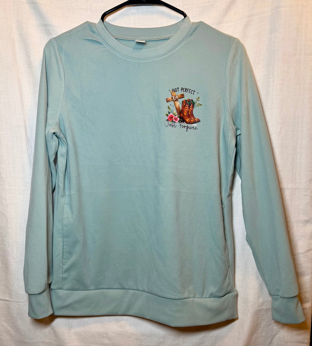 “Not Perfect, Just Forgiven” Sage Crewneck Sweatshirt