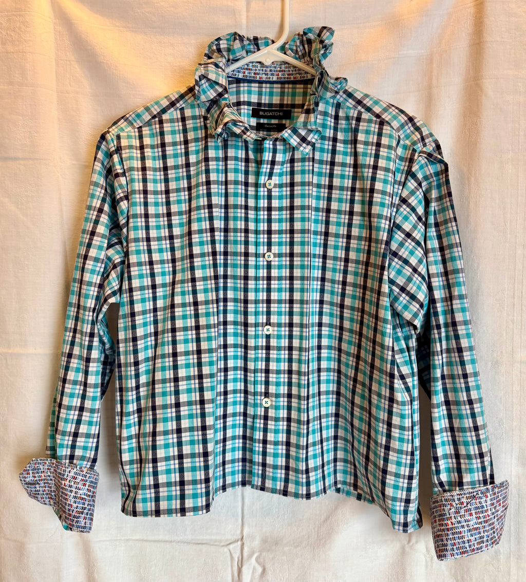 Ruffled Collar Plaid Button-Up Top