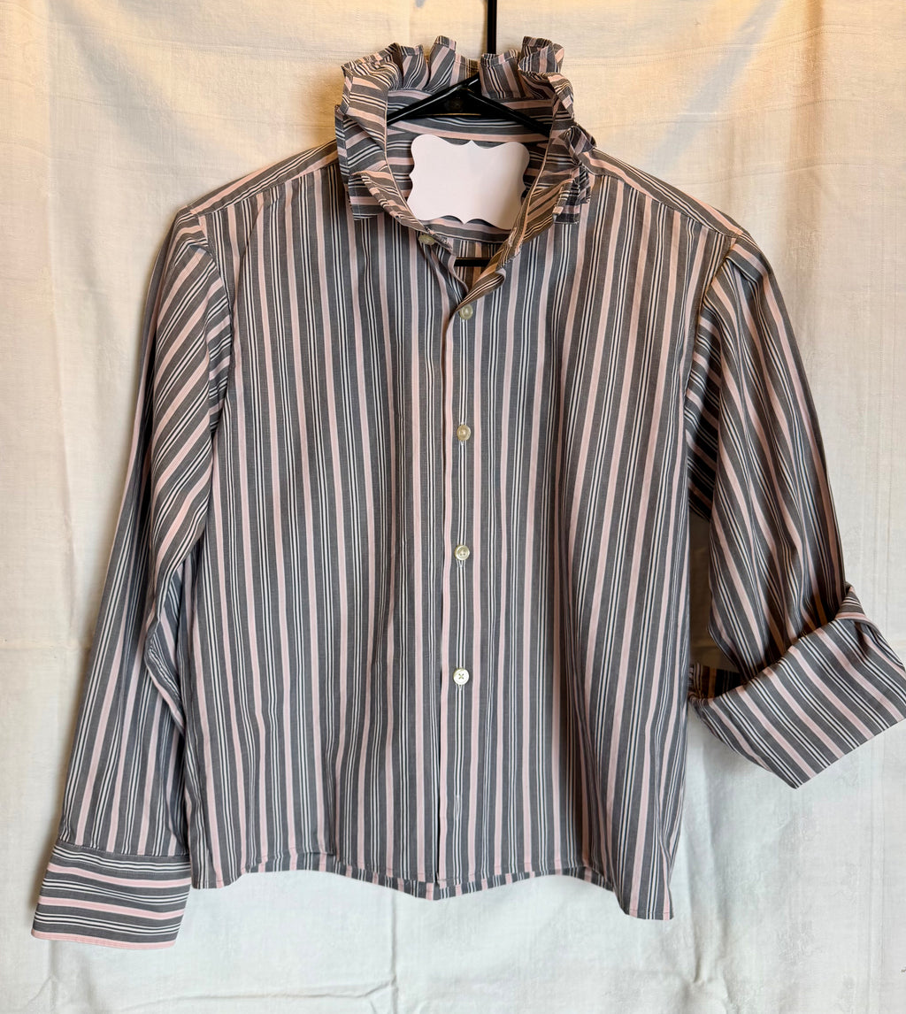 Gray & Blush Stripe Ruffle Collar Top