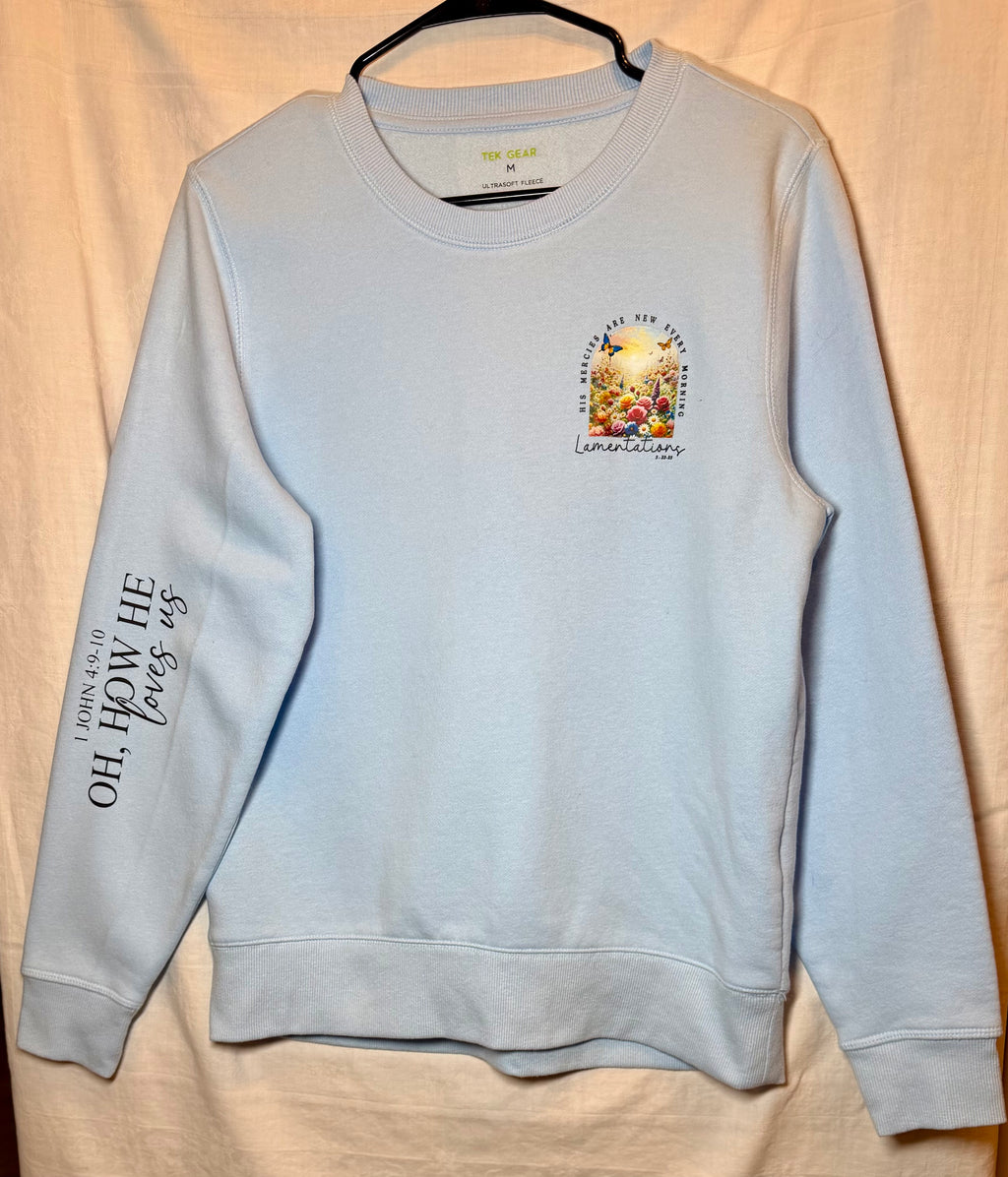 “His Mercies Are New Every Morning” Floral Crewneck Sweatshirt | Soft Sky Blue