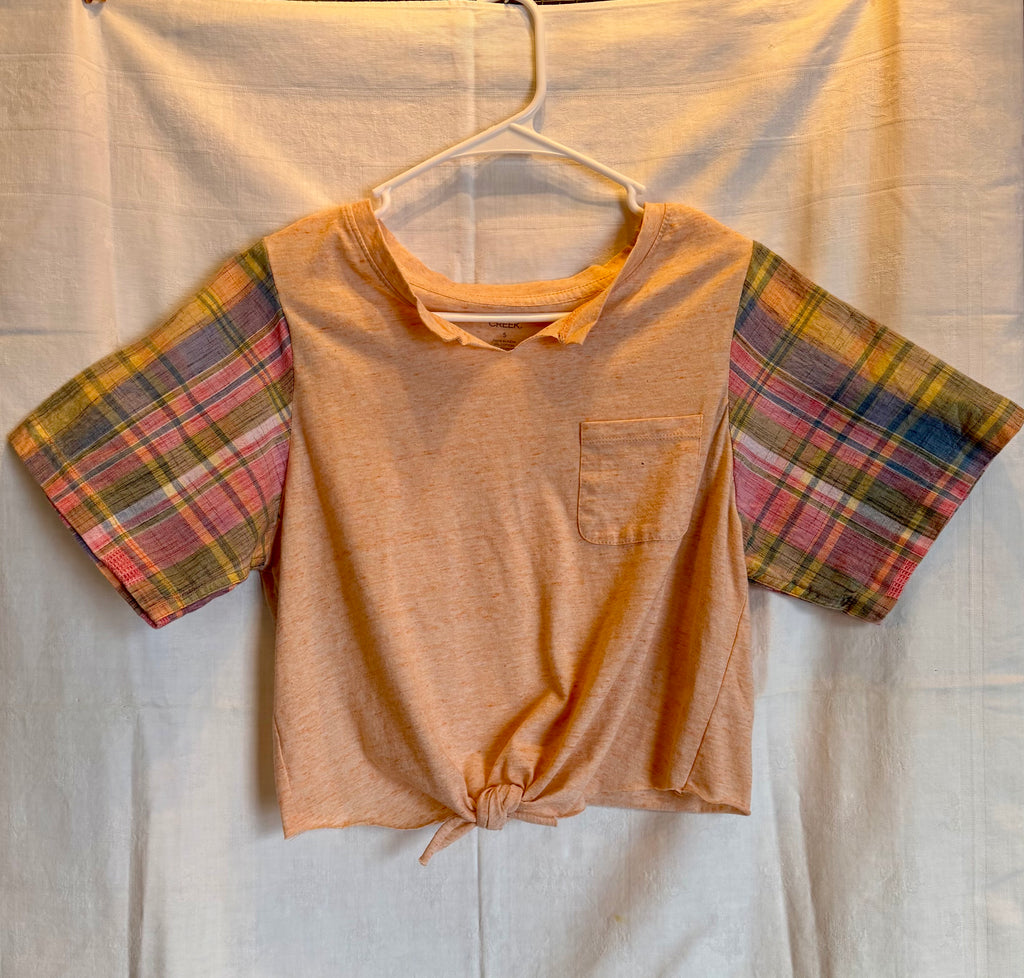 Peach Tie-Front Plaid Sleeve Top