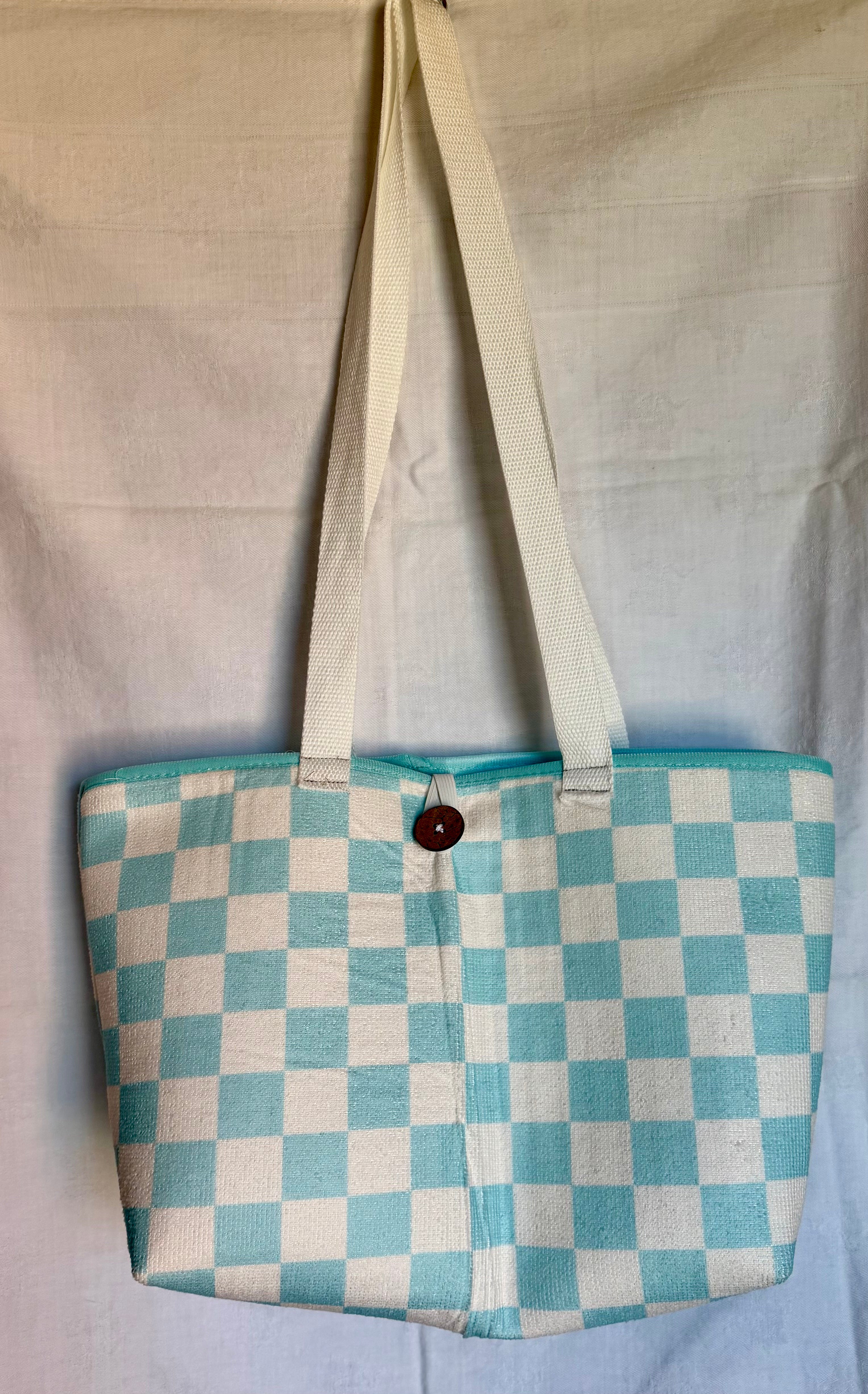 Mint & Cream Checkered Tote Bag
