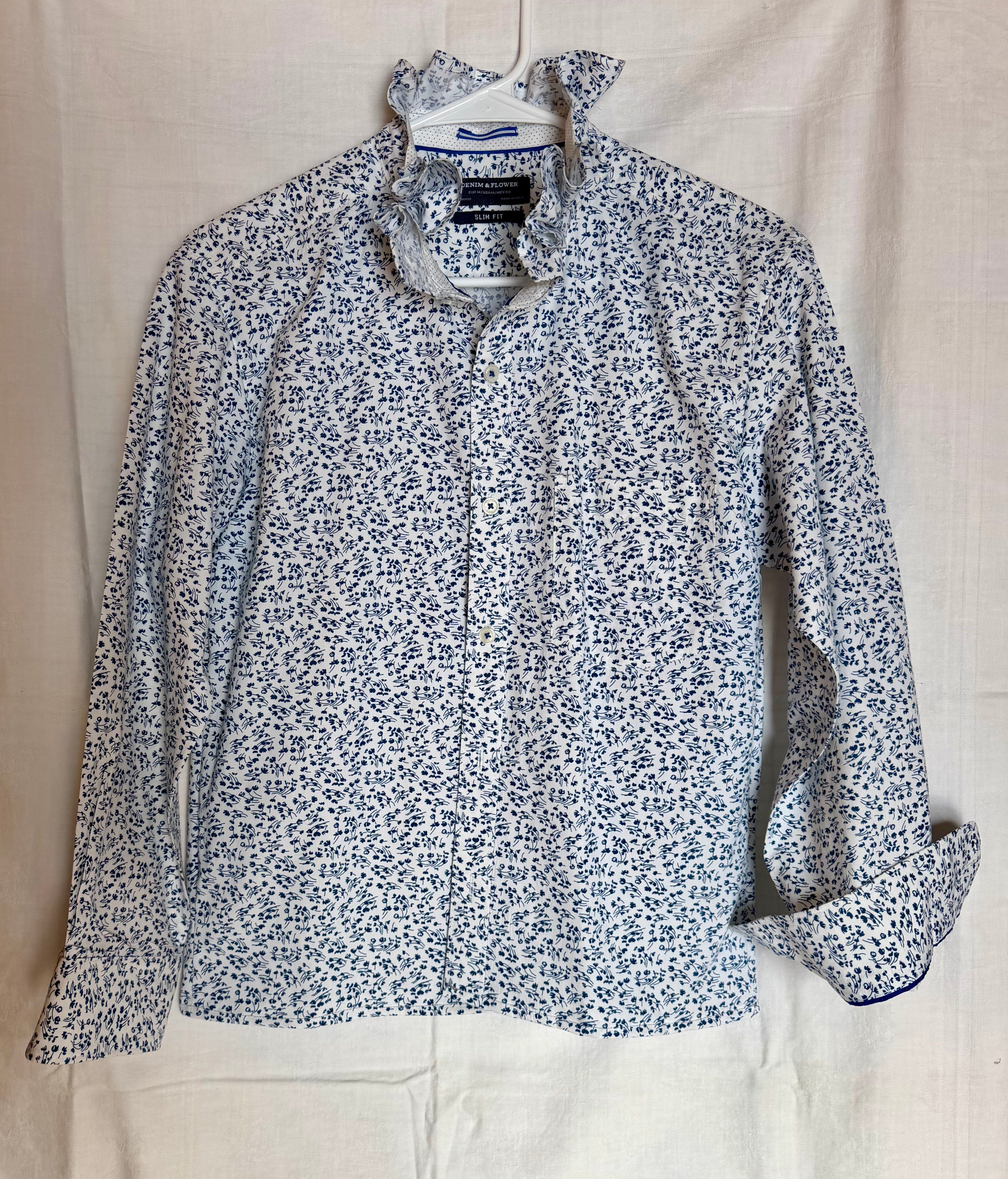 Blue Floral Ruffle Collar Button-Down