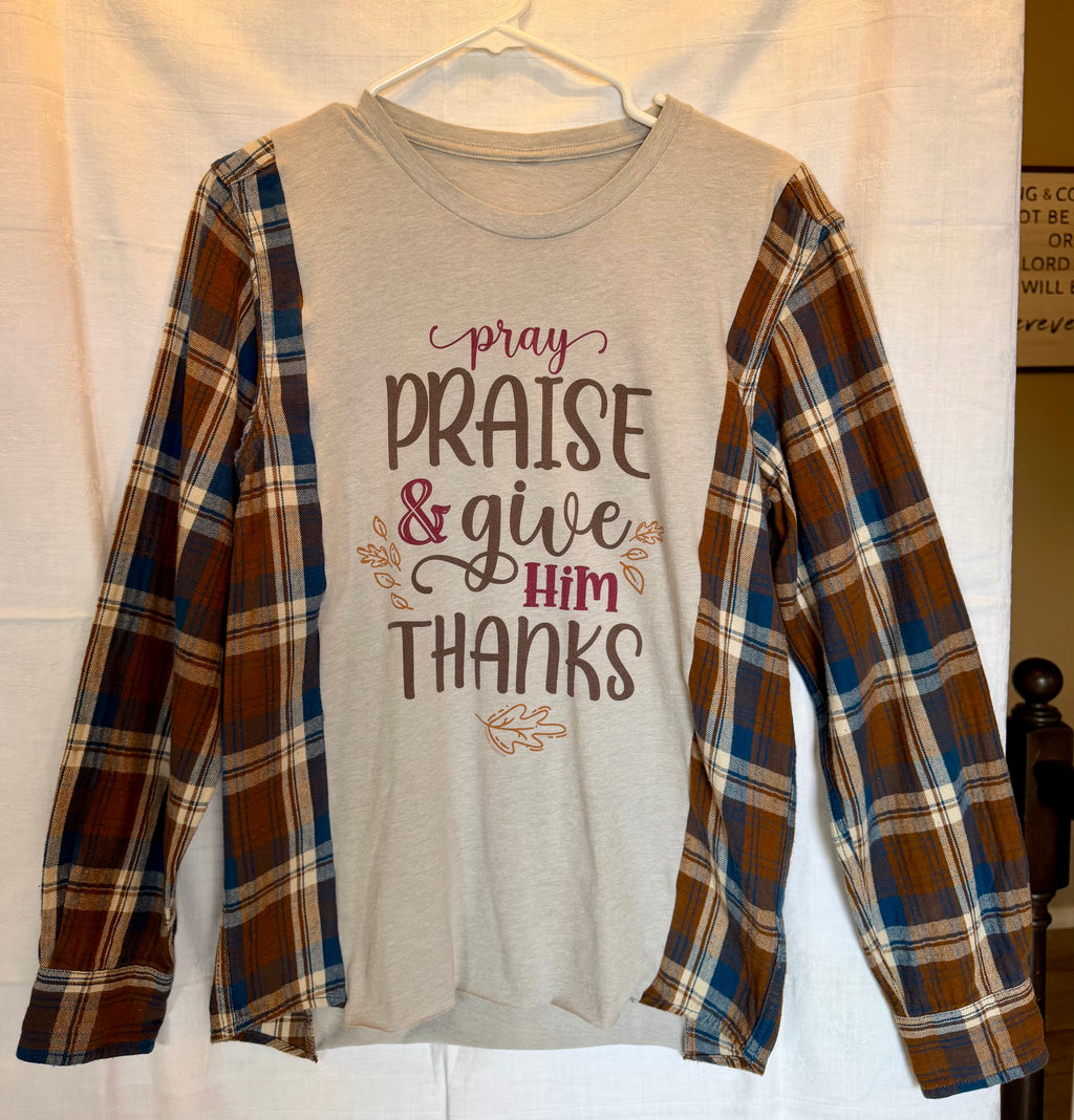 Pray, Praise & Give Him Thanks Plaid Sleeve Top