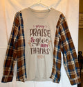 Pray, Praise & Give Him Thanks Plaid Sleeve Top
