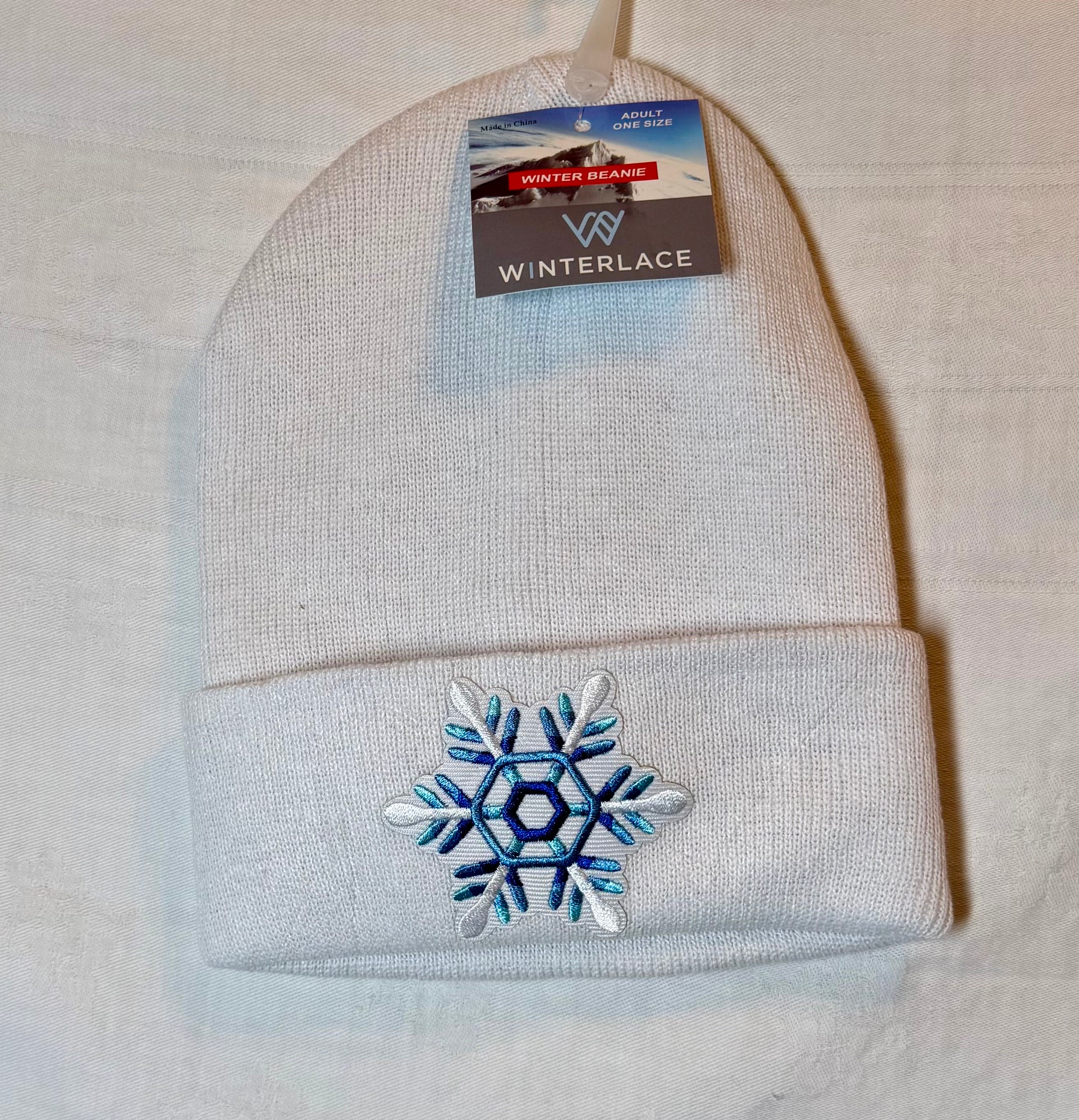 Blue & White Hex Snowflake Embroidered Beanie | Soft White