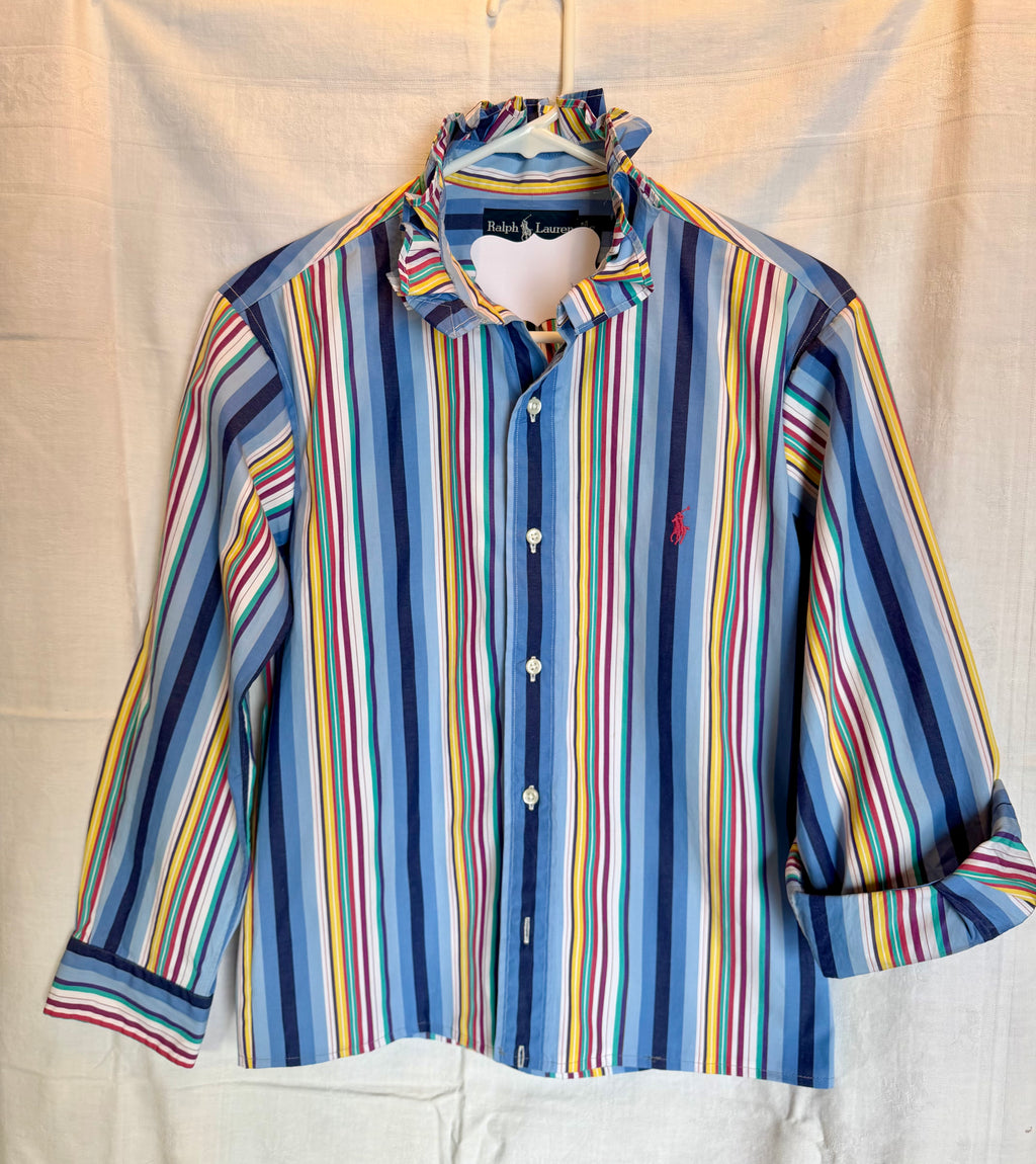 Blue Multi-Stripe Ruffle Collar Top