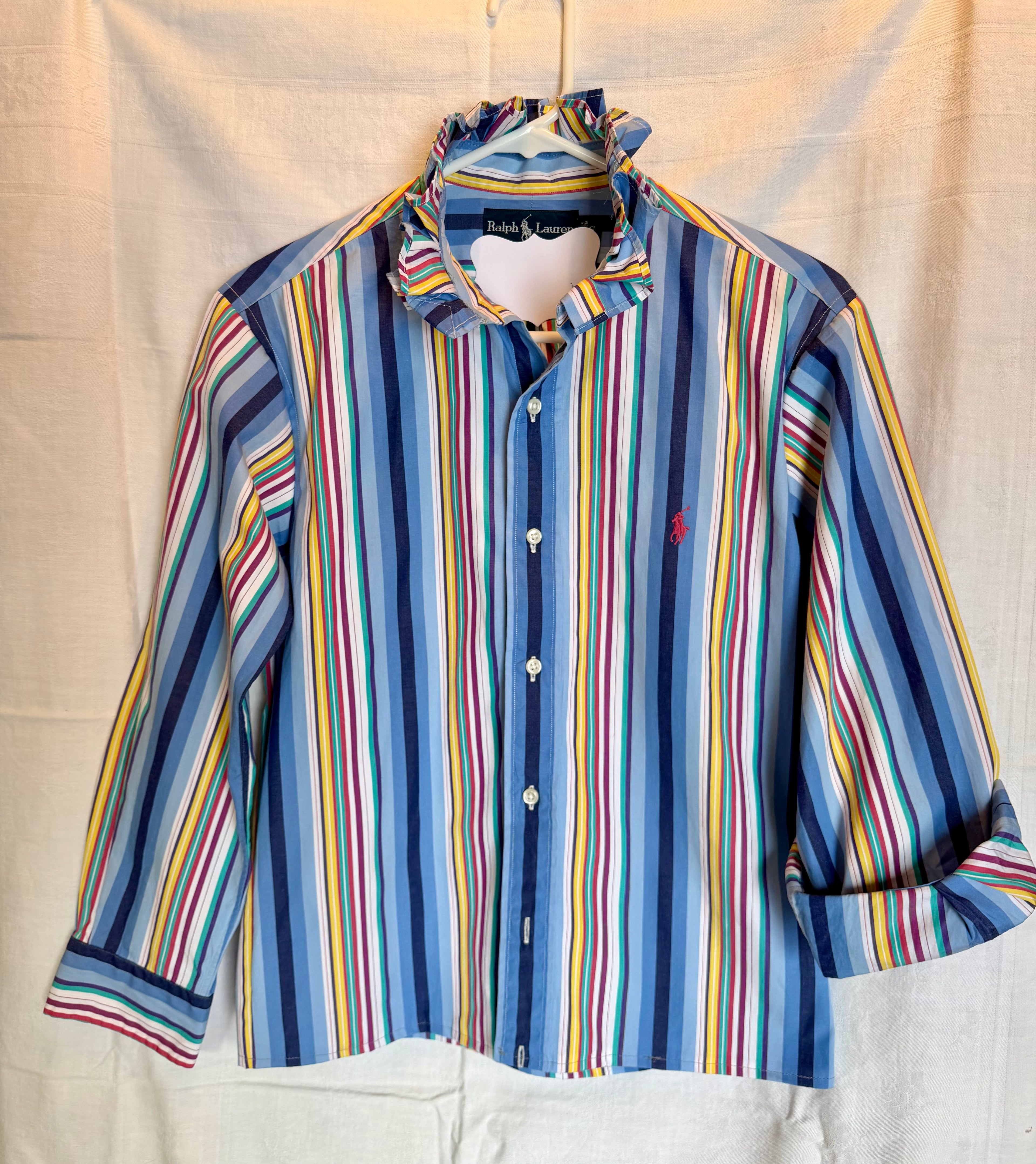 Blue Multi-Stripe Ruffle Collar Top