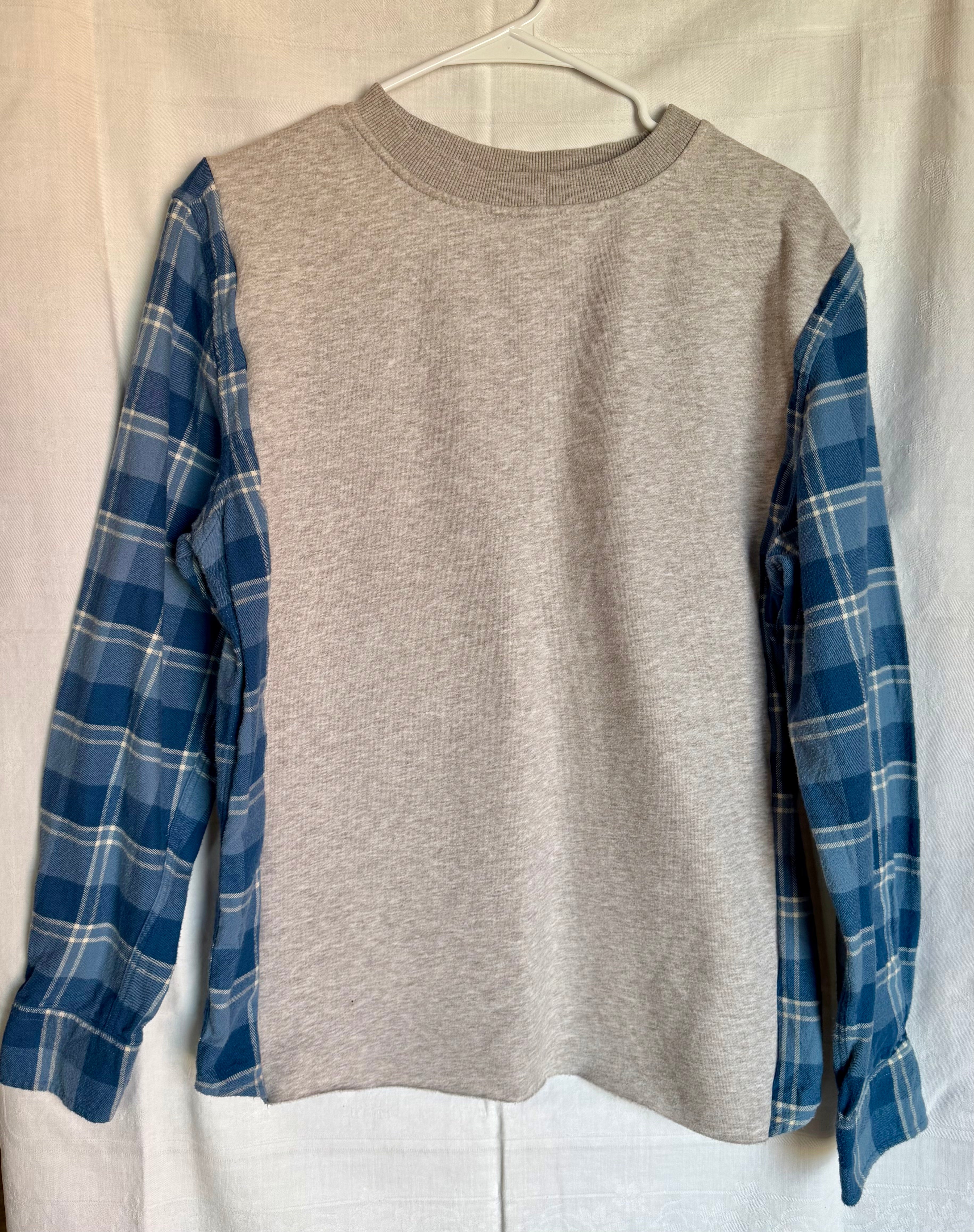 Heather Gray Sweatshirt With Blue Plaid Sleeve Top