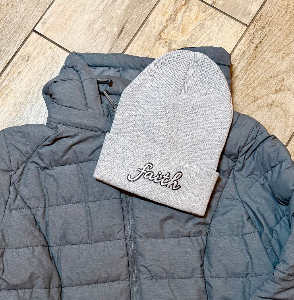 “Faith” Minimalist Embroidered Beanie | Soft Light Gray
