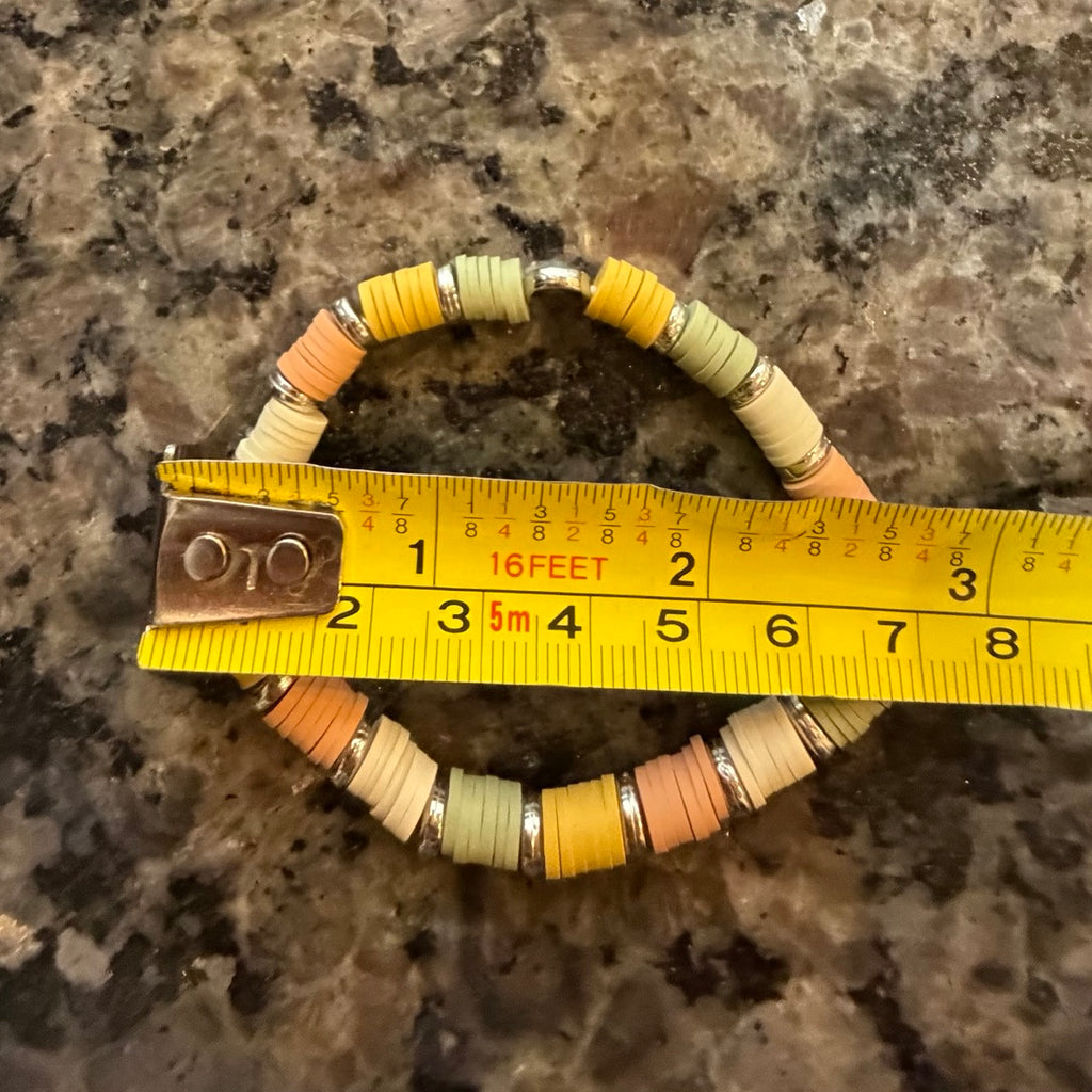 Neutral Heishi Beaded Stretch Bracelet | Sage Green, Mustard & Peach with Silver Accents
