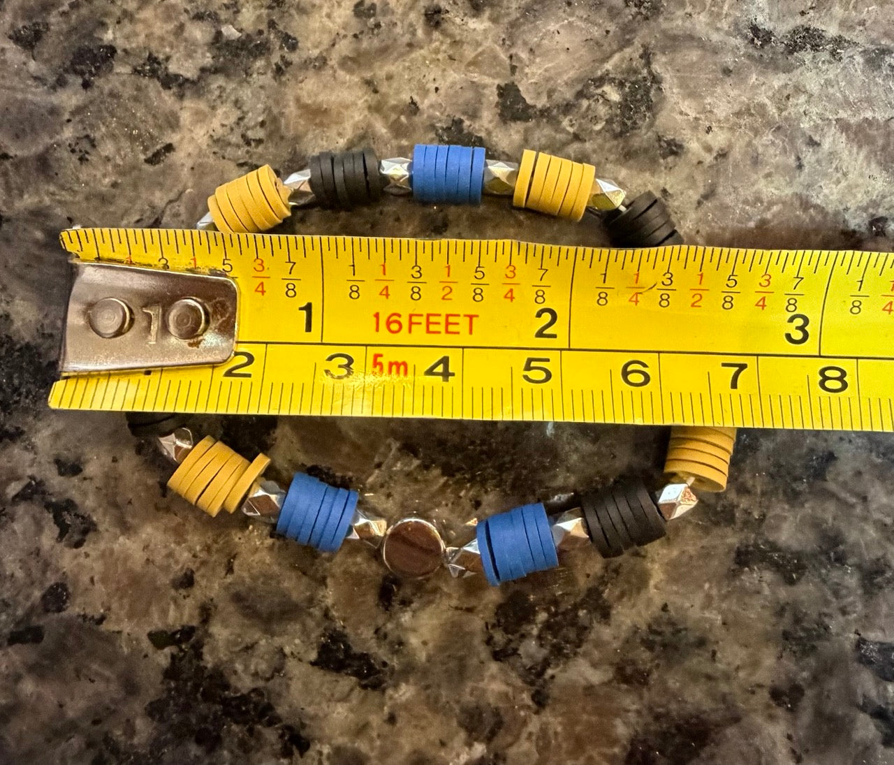 Colorblock Heishi Beaded Stretch Bracelet | Royal Blue, Mustard & Black with Gunmetal Accents