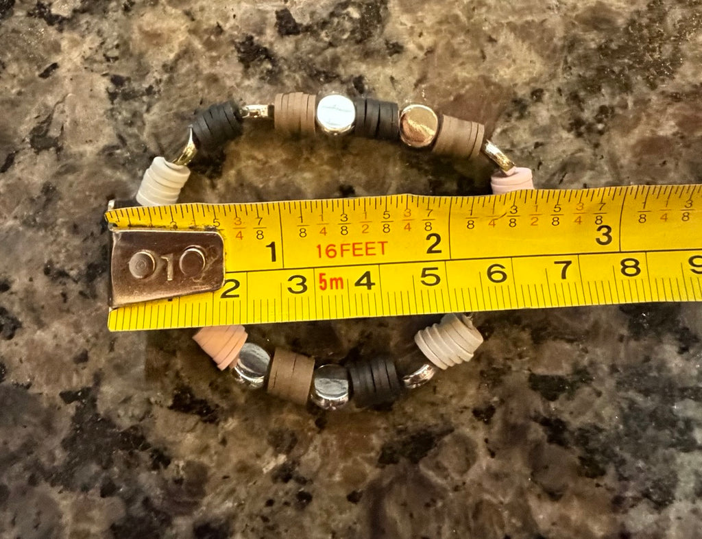 Neutral Heishi Beaded Stretch Bracelet | Blush, White, Taupe & Black with Gunmetal Accents