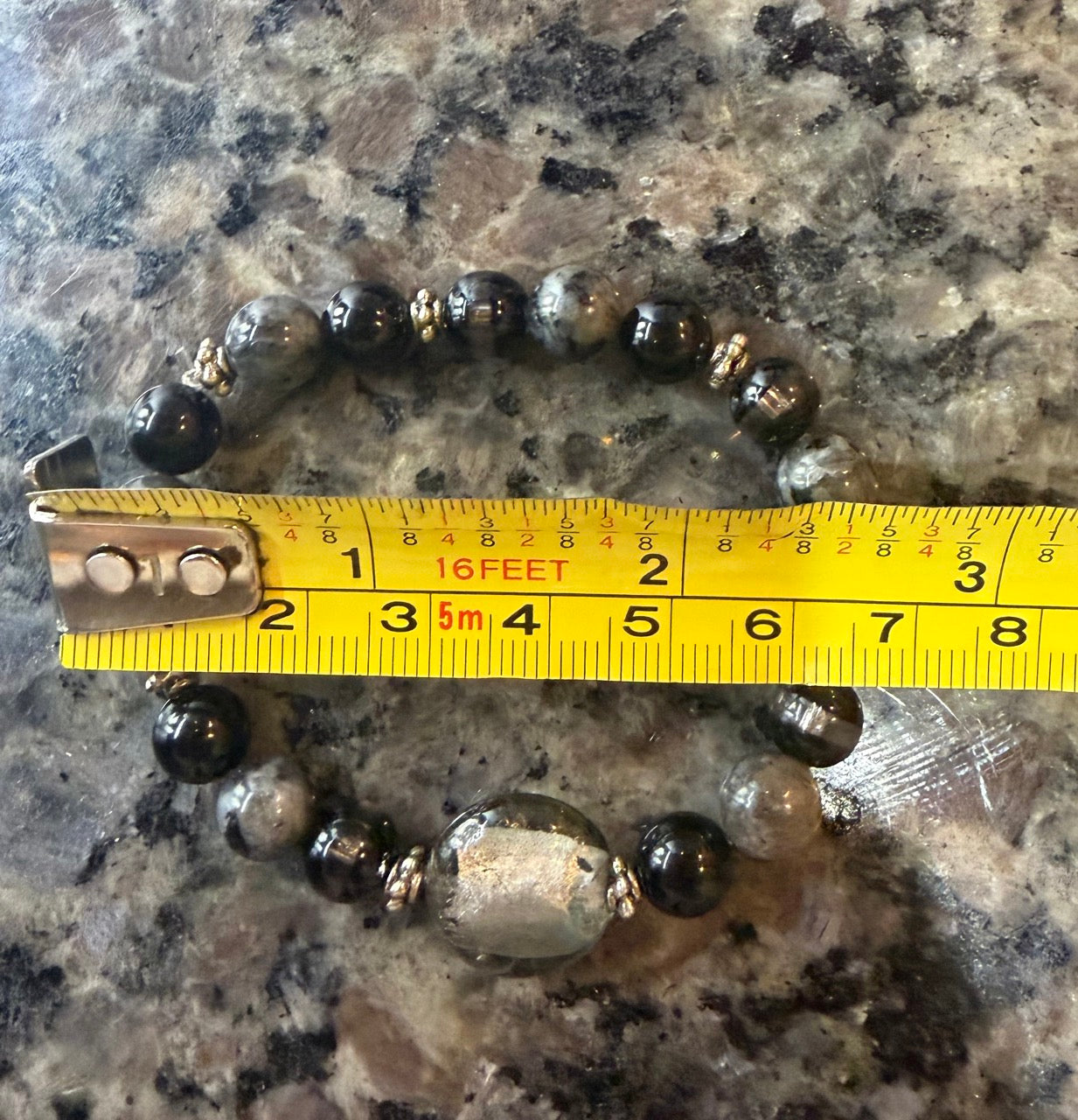 Black & Gray Stone Bracelet with Silver Focal Bead – Minimalist Stretch Bracelet