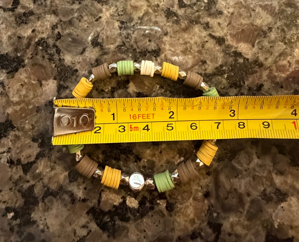Neutral Heishi Beaded Stretch Bracelet | Sage Green, Mustard, White & Brown with Silver Accents