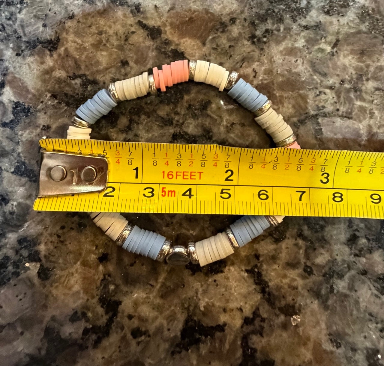 Pastel Heishi Beaded Stretch Bracelet | Blue, Blush Pink & White with Silver Accents