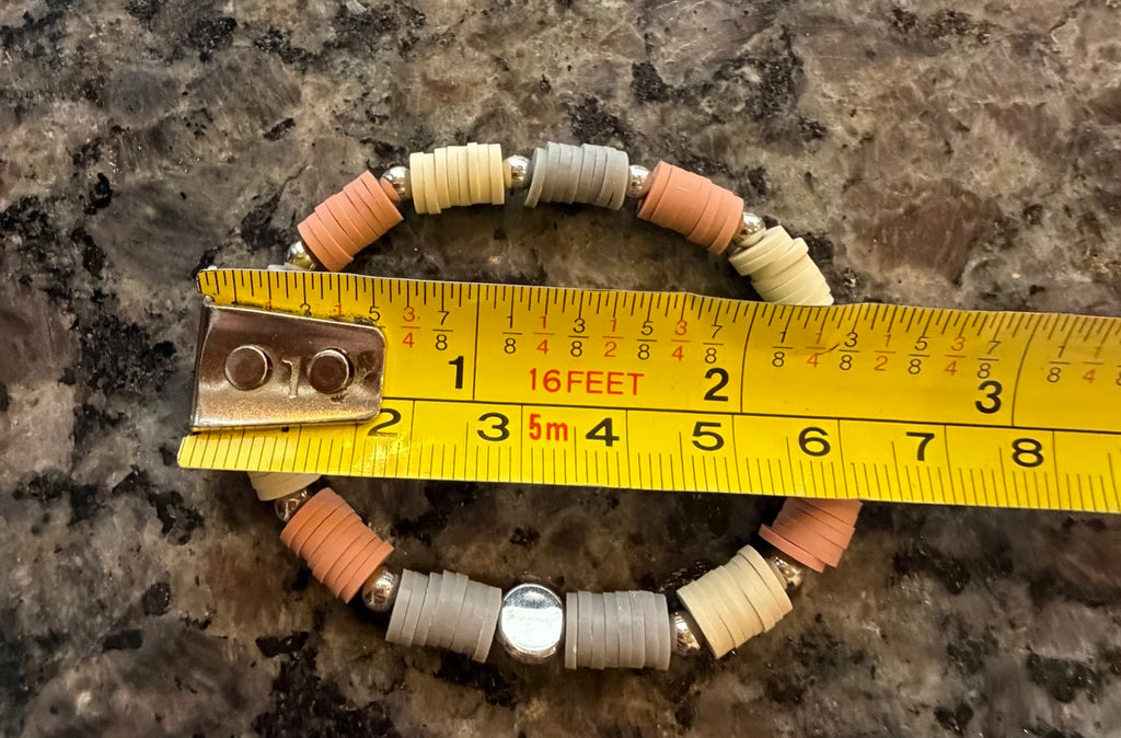 Neutral Heishi Beaded Stretch Bracelet | Peach, Cream & Gray with Silver Accents