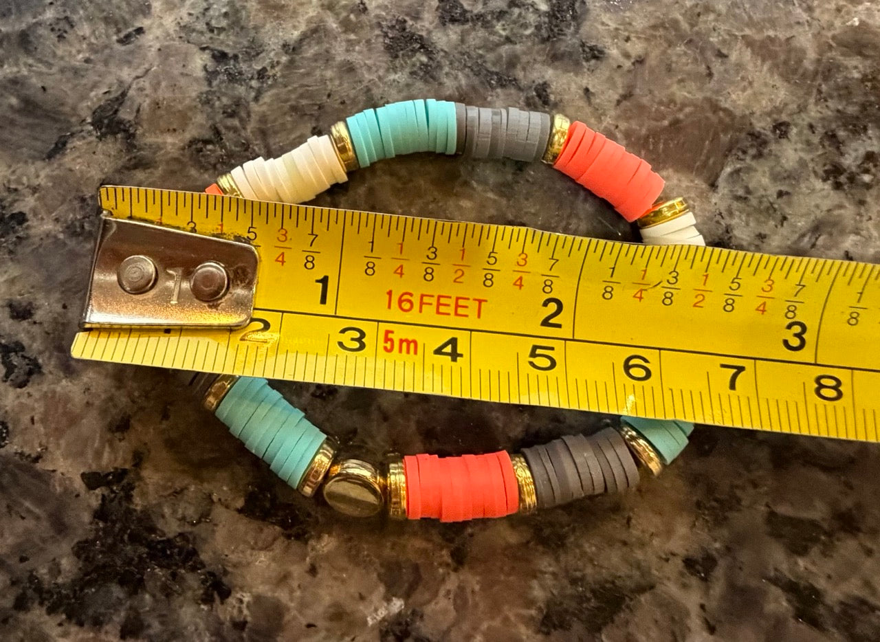 Colorblock Heishi Beaded Stretch Bracelet | Coral, Aqua, White & Gray with Gold Accents